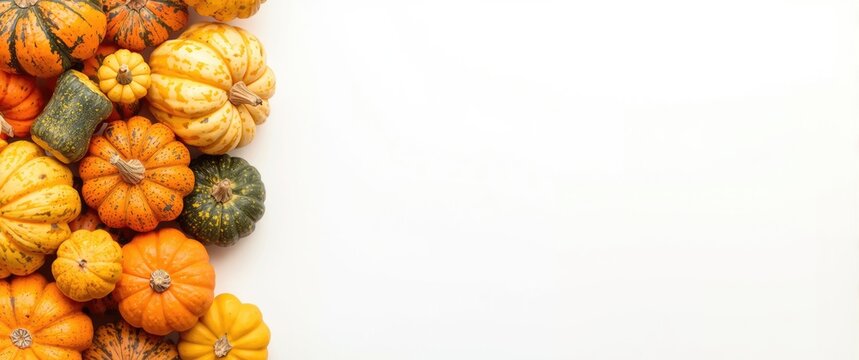 Close-up of colorful gourds used for Halloween decoration against a white background