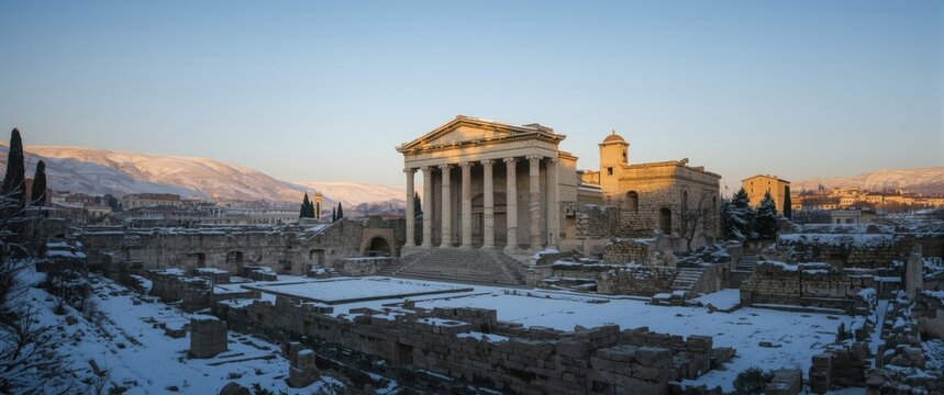 Ruins of Marble court at the ancient Roman bath gymnasium, winter scenery, landscape, historical architecture, Turkey, travel, medieval site