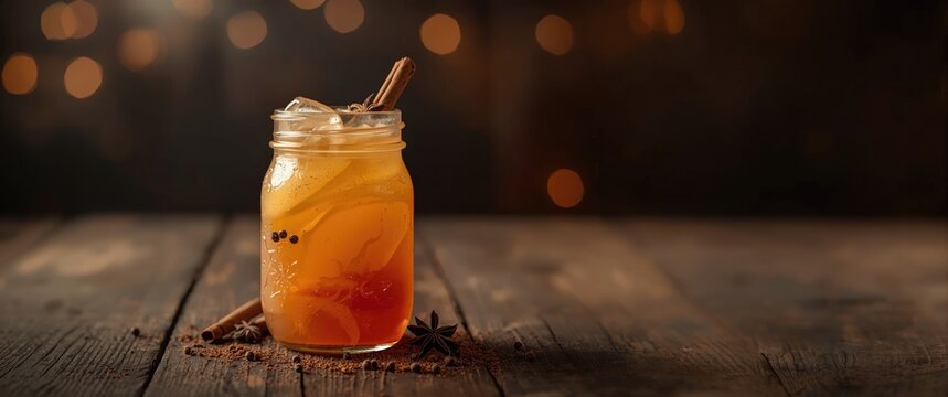 Spicy mandarines drink in a jar with cloves, anise, and cinnamon; close-up with shallow depth of field
