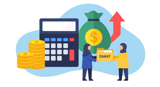 Charity donation and zakat calculation illustration with calculator and money.