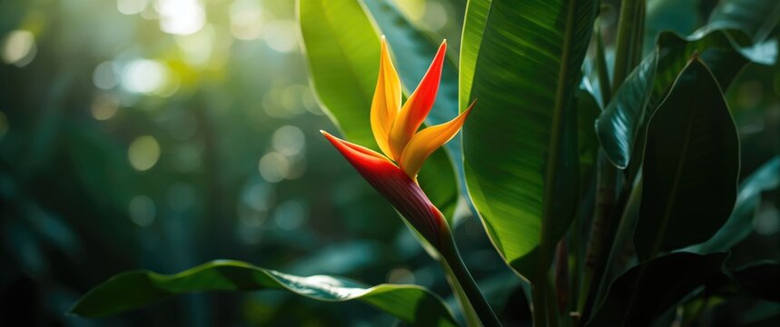Heliconia rostrata flower displayed in garden setting