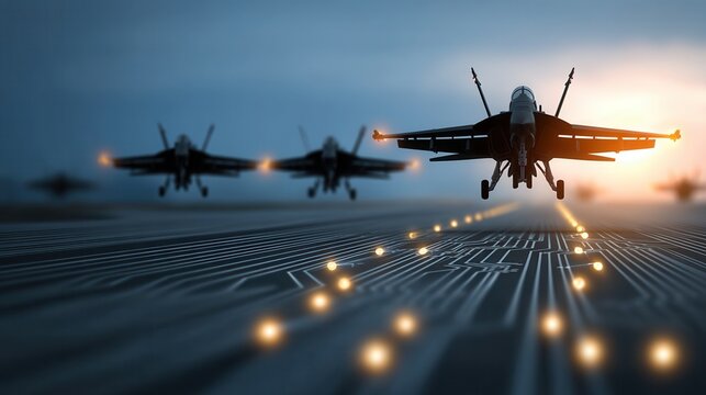 Future war concept.fighter jet runway sunset attack squadron weapon future war technology Futuristic fighter jet squadron digital runway sunset suggesting future war technology power tension
