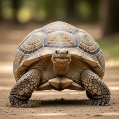 Obraz premium Tortoise walking toward camera, isolated background, depth and clarity