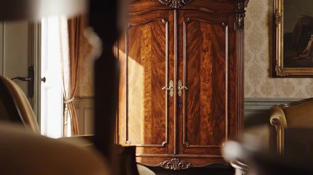 vintage wardrobe. A richly detailed wooden wardrobe stands elegantly against a patterned wall, bathed in soft natural light, showcasing the classic interior design of a vintage living space