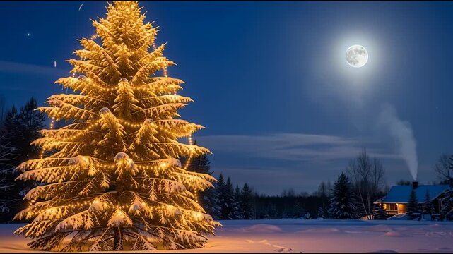 Lit christmas tree illuminated against night sky with full moon