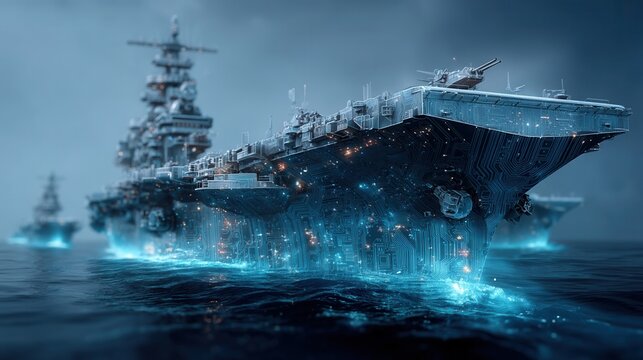Future war concept.futuristic war ship fleet ocean technology glow cyberpunk blue neon night science fiction future war mood dramatic power concept