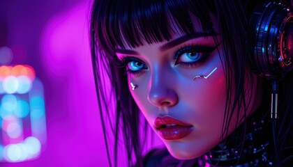 Naklejka premium Cyberpunk Style Woman with Blue Eyes and High Tech Audio Headset Gear