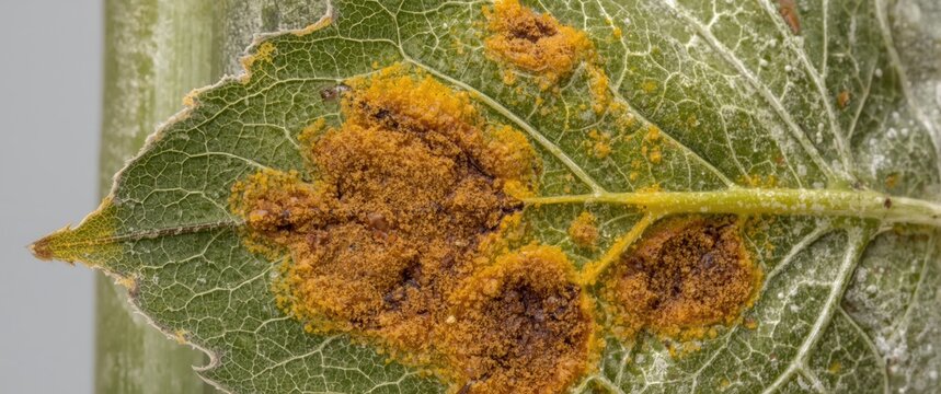 Pathogenic fungus Puccinia malvacearum causing hollyhock rust on Alcea rosea leaf