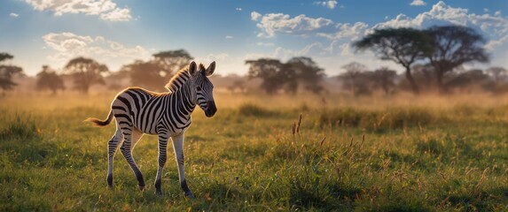 Fototapeta premium Zebra Foal Bathed in Morning Light