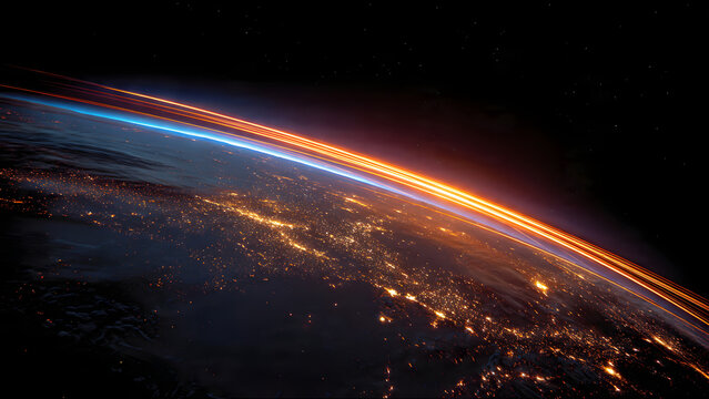 Cinematic long exposure of Earth from orbit at night. Golden city lights dot the dark surface beneath vibrant orange light trails arcing across the atmosphere