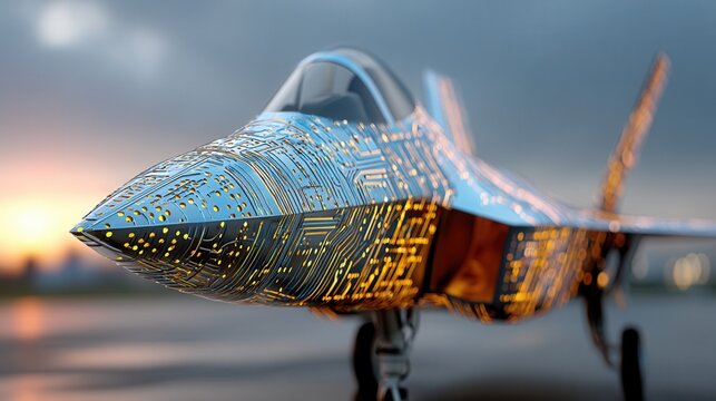 Future war concept.futuristic fighter jet digital circuit cyber aircraft glowing technology military plane sci fi war metallic surface sunset sky runway innovation concept