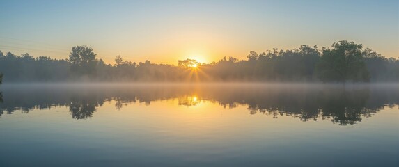 Obraz premium Morning light over lake with rural summer scenery