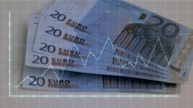 Fan of 20 euro banknotes sliding over blank grid, white line graph climbing notes revealing chart