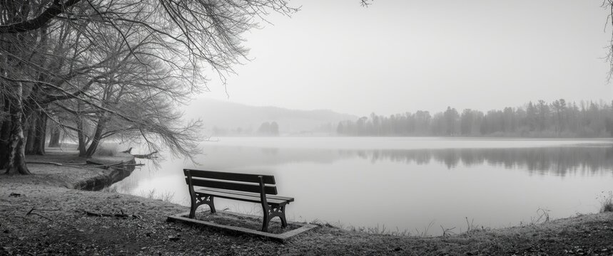Lakeside park bench background in monochrome for dramatic effect