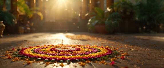 Naklejka premium Onam Festival Flower Decoration: Atha-Poo or Pookkalam Traditions