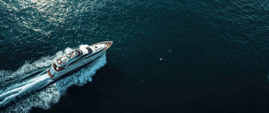 From above, a swift white yacht navigates the dark ocean, creating a trail in its wake