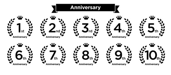 月桂冠とクラウン　周年記念アニバーサリーロゴモノクロ 1st〜10th