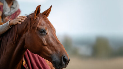 Obraz premium Horse standing in the field with rider gently stroking its mane 