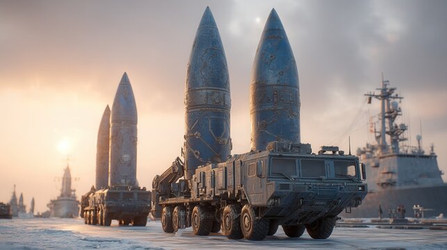 Future war concept.military truck missile launcher war future conflict sunset winter snow sky weapon vehicle defense technology power transport cold metal transportation