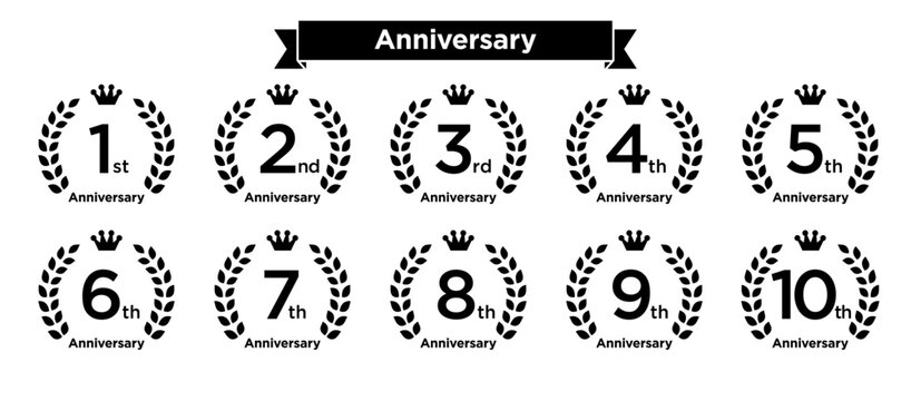 月桂冠とクラウン　周年記念アニバーサリーロゴモノクロ 1st〜10th