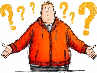 Confused man in orange hoodie expressing uncertainty with question marks  