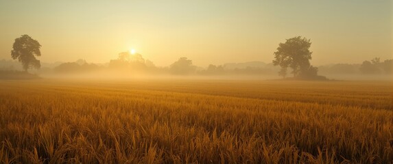 Obraz premium Golden sunrise glow illuminating misty morning on harvested farmland with trees