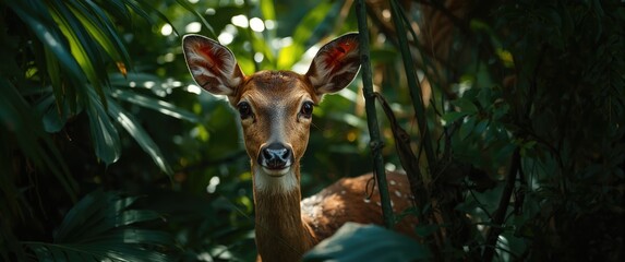 Fototapeta premium Jungle scene featuring a deer portrait with leaf
