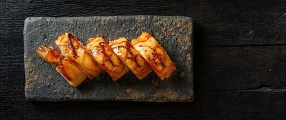 Japanese baked sushi with crab and cheese served on stone slab, dark wooden background, top view