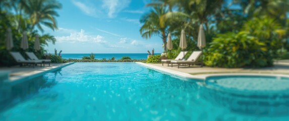 Fototapeta premium Swimming pool with abstract blur and defocus at hotel and resort as background for water, sky, summer, travel, nature, spa, garden, blue, luxury, hotel