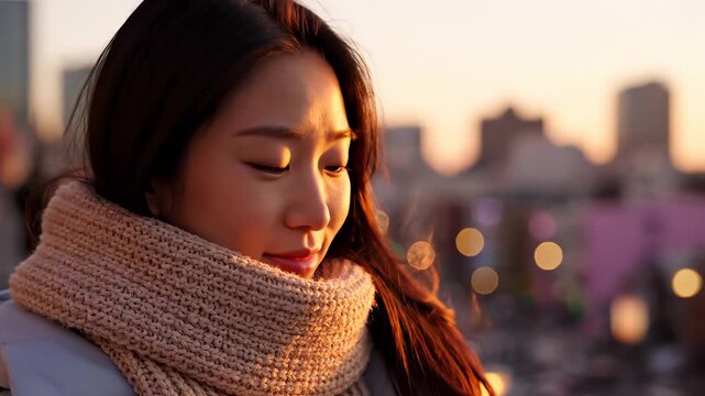 Woman enjoying sunset view in city. Warm atmosphere highlights serene beauty. Natural light creates soft bokeh effect. Relaxation and calmness define this peaceful moment.