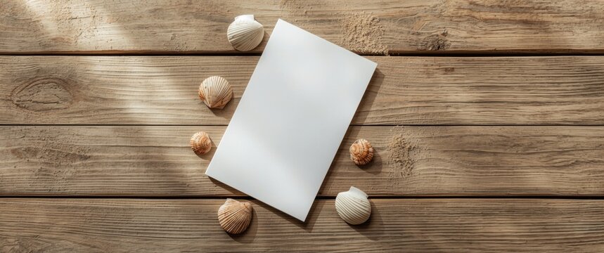 Top-down shot of shells and notepad on wooden surface with copy space