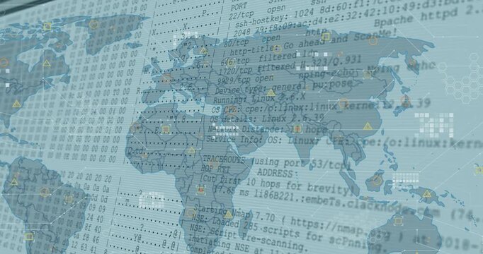 World map transforming from outline to HUD, left hex dump sliding in, showing live scan results