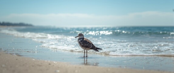 A beautiful beach scene with a regal bird perched elegantly along the coast