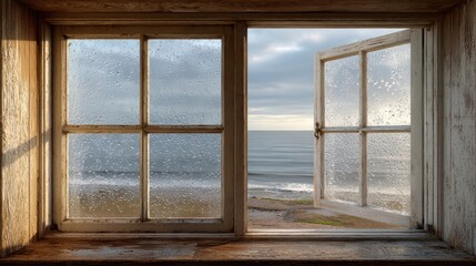 Fototapeta premium Ocean view through rain-soaked rustic window at dawn with open shutter and calm sea in serene coastal setting