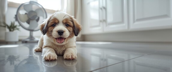 Hot summer days: Cute puppy lying on cool tiles to stay cool during heat