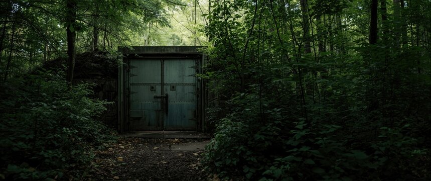 Forest-hidden blast door of Cold War nuclear bunker