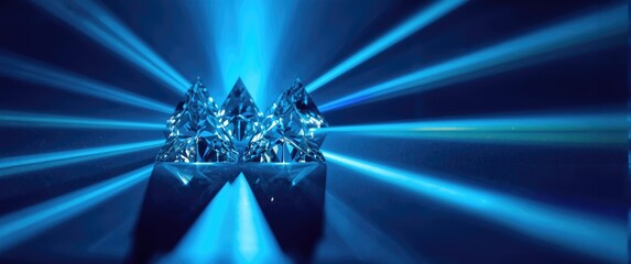 Detailed view of transparent triangular prisms spreading beam of light into spectrum and intersecting lines behind