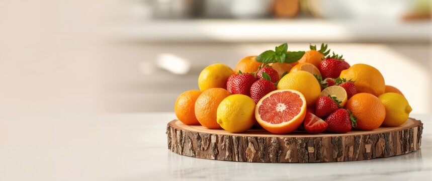 A tasty assortment of fruit spread with freshly picked citrus and strawberries