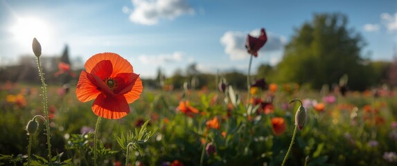 Obraz premium Red poppy illuminated by sunlight during a sunny April day on Flower Island Mainau in Germany