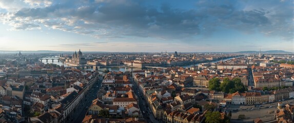 Obraz premium Bird's-eye view of the city with river sky, travel, cityscape, structures, white and red buildings, streets, old architecture