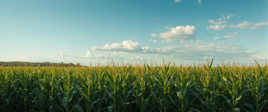 Green corn stalks and leaves in a field under a blue sky with clouds