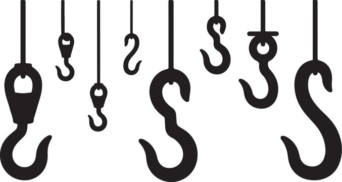 Collection of various black metal hooks hanging from ropes