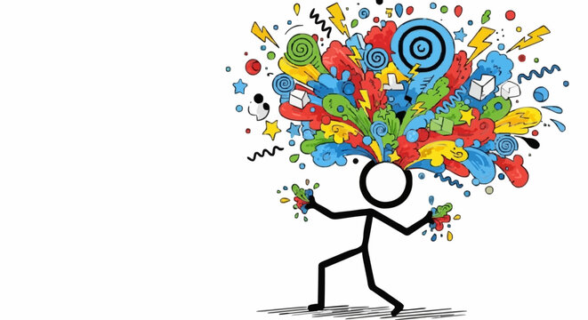 Stick figure exploding with colorful ideas and creativity.