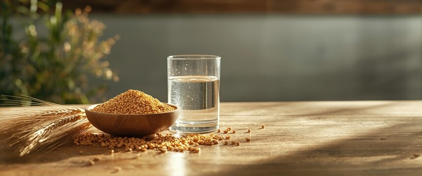 A glass of water alongside Indian wheat