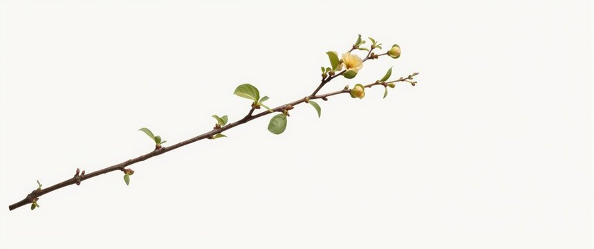 An isolated bougainvillea branch in dormancy displaying textured features and fresh green sprouts on a plain white backdrop, evoking springtime