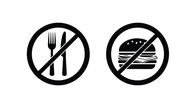 Prohibited eating and drinking symbols in black circles a silhouette