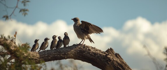 Obraz premium Juvenile birds with white strokes standing alongside an adult bird on a tree branch