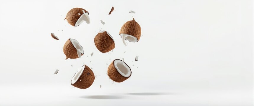 Isolated flying coconuts that look delicious on a white background