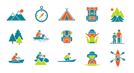 Outdoor adventure icons depicting camping hiking and water sports