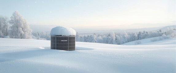 Snow-covered central AC unit situated outdoors during winter